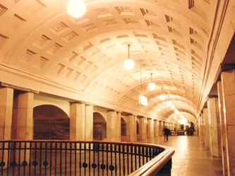 The ornate museum-like interiors of Arbatskaya Station on the Arbatsko-Pokrovskaya line.